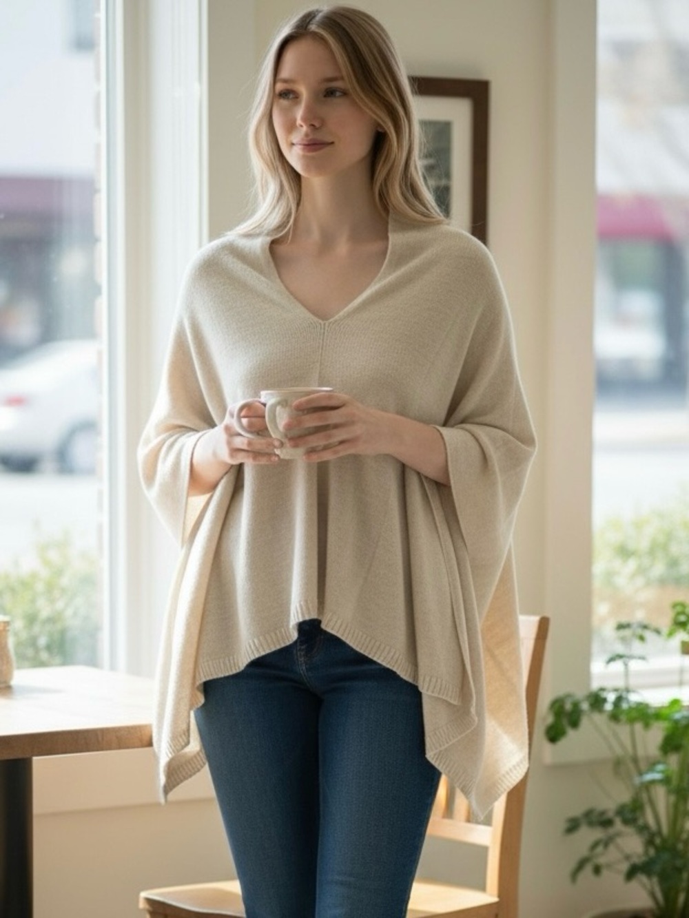 Ann Taylor Factory Oatmeal Knit Poncho Sweater One Size Dipped Front Hem